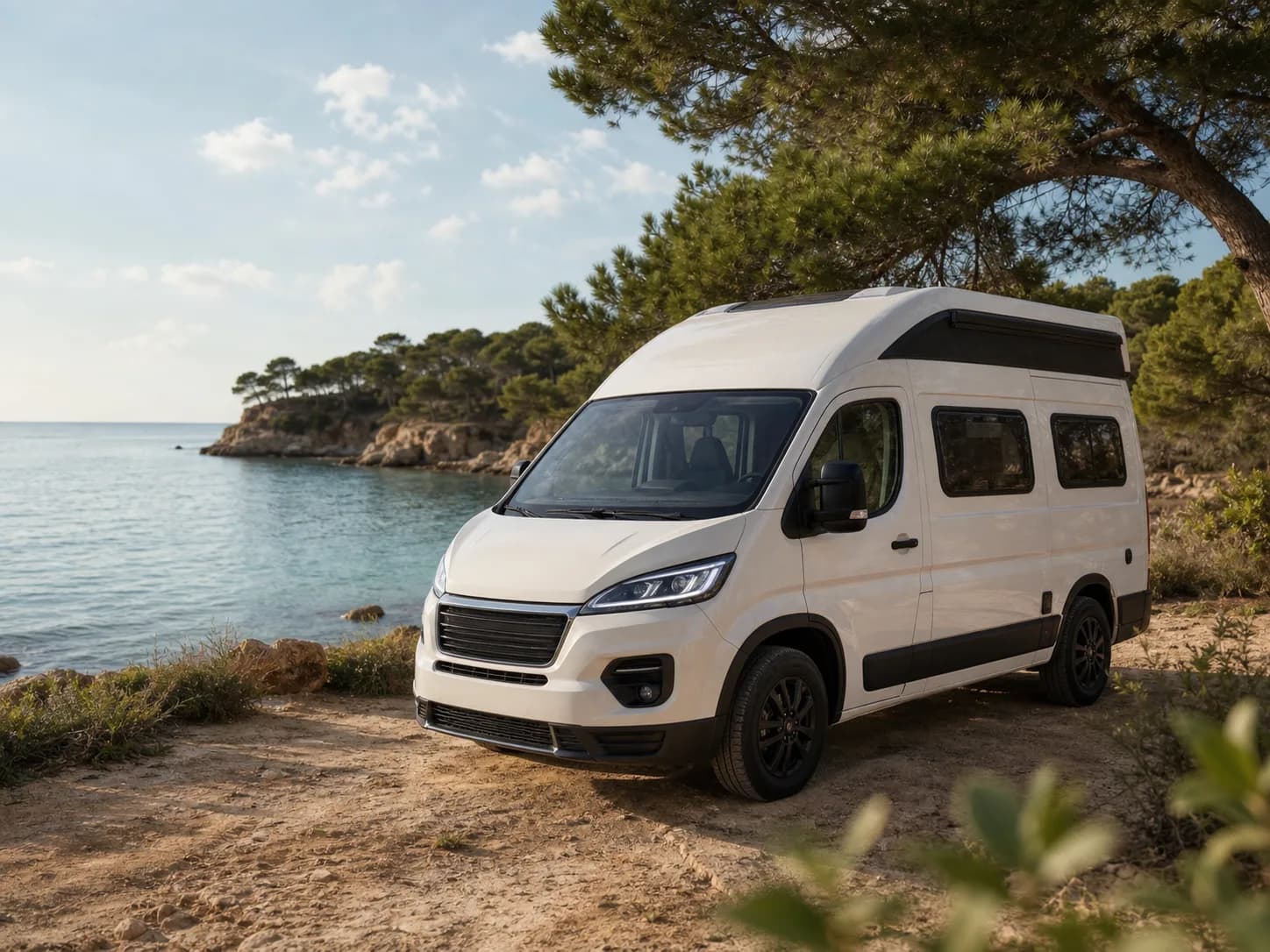 Compact camper van beside a Mediterranean cove