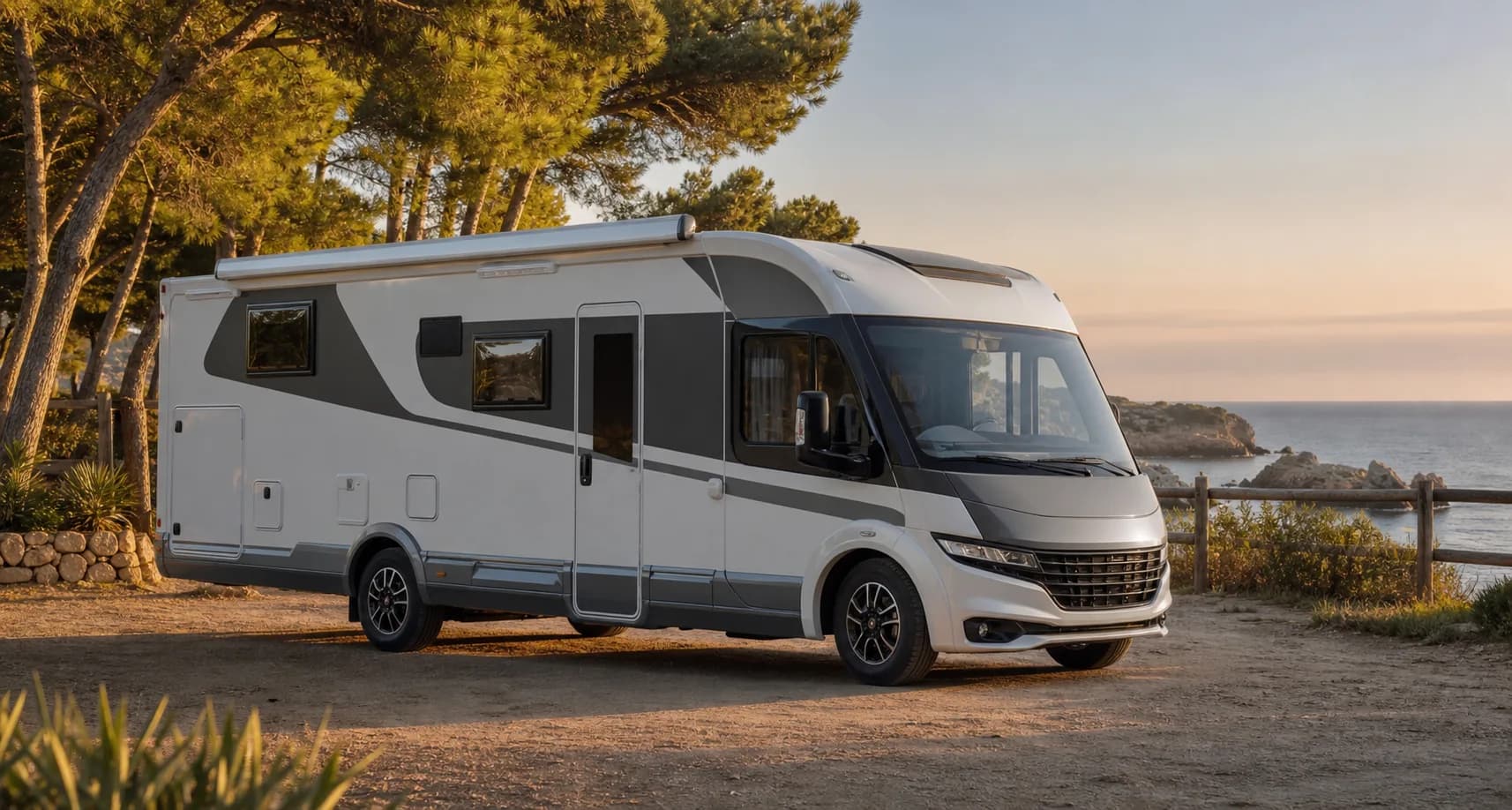Premium family motorhome in a coastal campsite