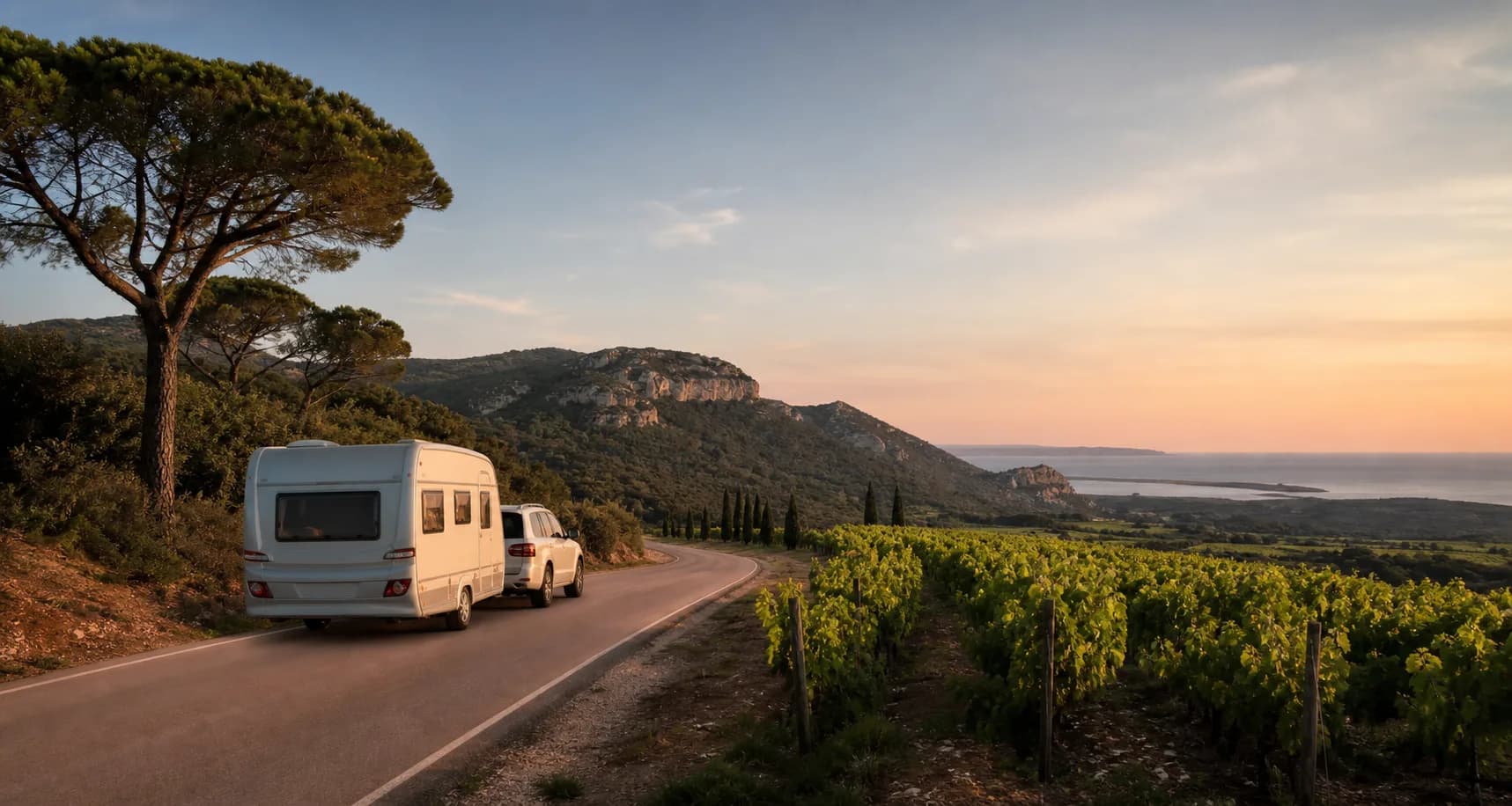 Camper van on a Mediterranean vineyard road